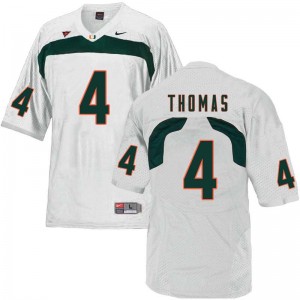 Men Jeff Thomas White Hurricanes College Football #4 Jersey 832593-842