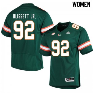 Women Jason Blissett Jr. Green University of Miami College Football #92 Jersey 569079-269