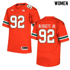 Women Jason Blissett Jr. Orange University of Miami College Football #92 Jersey 464673-481