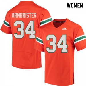 Women Thurston Armbrister Orange University of Miami College Football #34 Jersey 424851-273